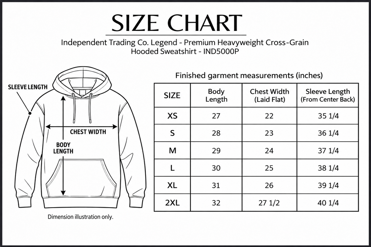 independent-ind5000p size chart with labelled measurement dimensions