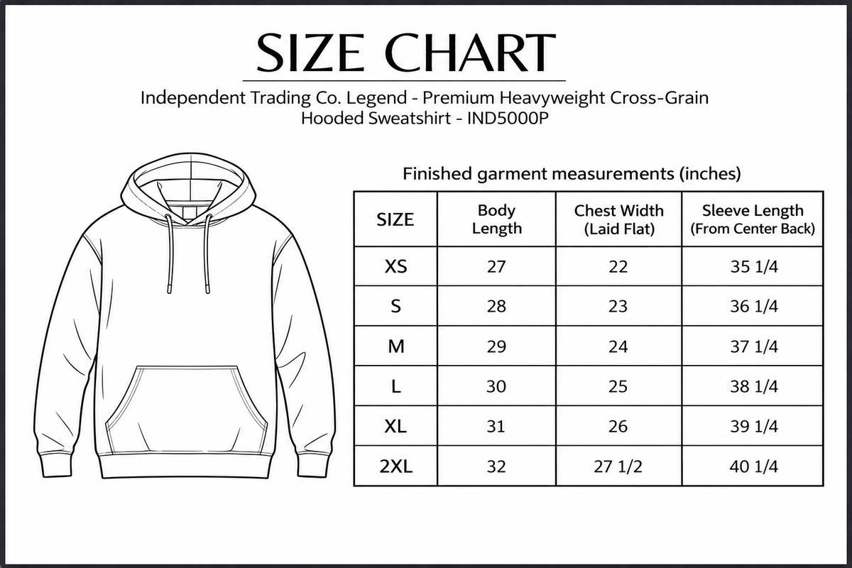 Independent Trading Co. Legend - Premium Heavyweight Cross-Grain Hooded Sweatshirt - IND5000P size chart; finished garment measurements in inches.