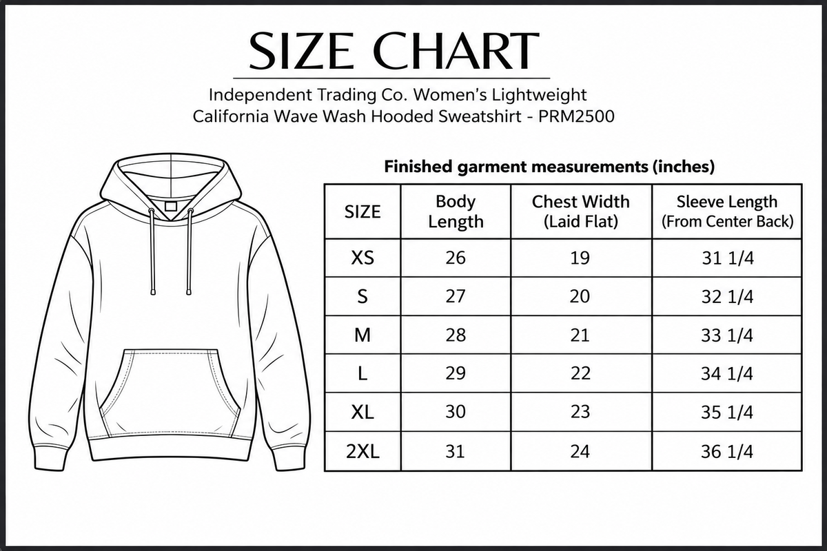 Independent Trading Co. Women’s Lightweight California Wave Wash Hooded Sweatshirt - PRM2500 size chart; finished garment measurements in inches.