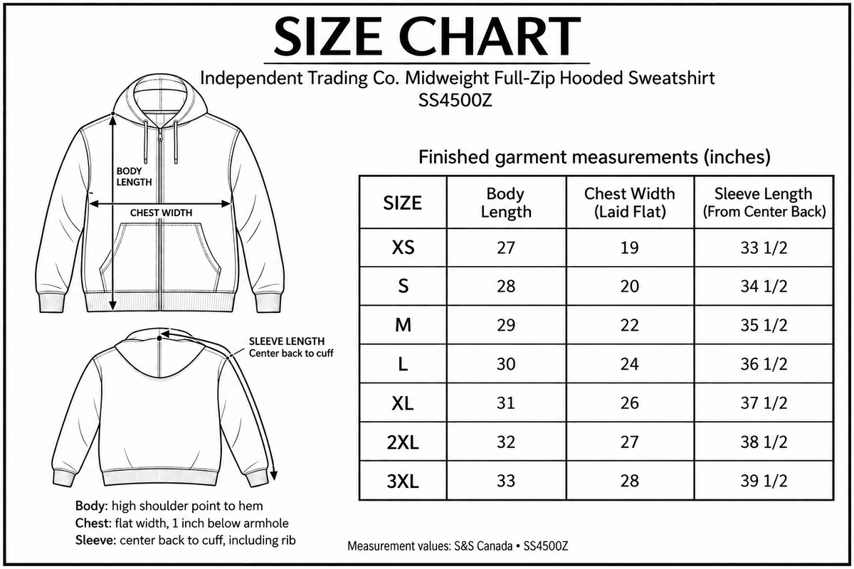 Independent Trading Co. SS4500Z size chart, S&S Canada measurements in inches, sizes XS to 3XL, with body length, laid-flat chest width, and center-back sleeve measurement guides
