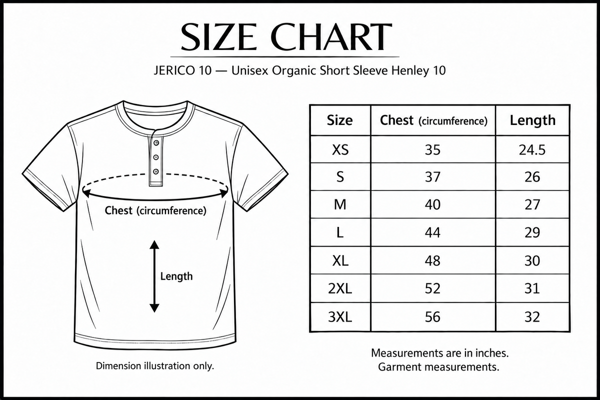 jerico-10 size chart with labelled measurement dimensions