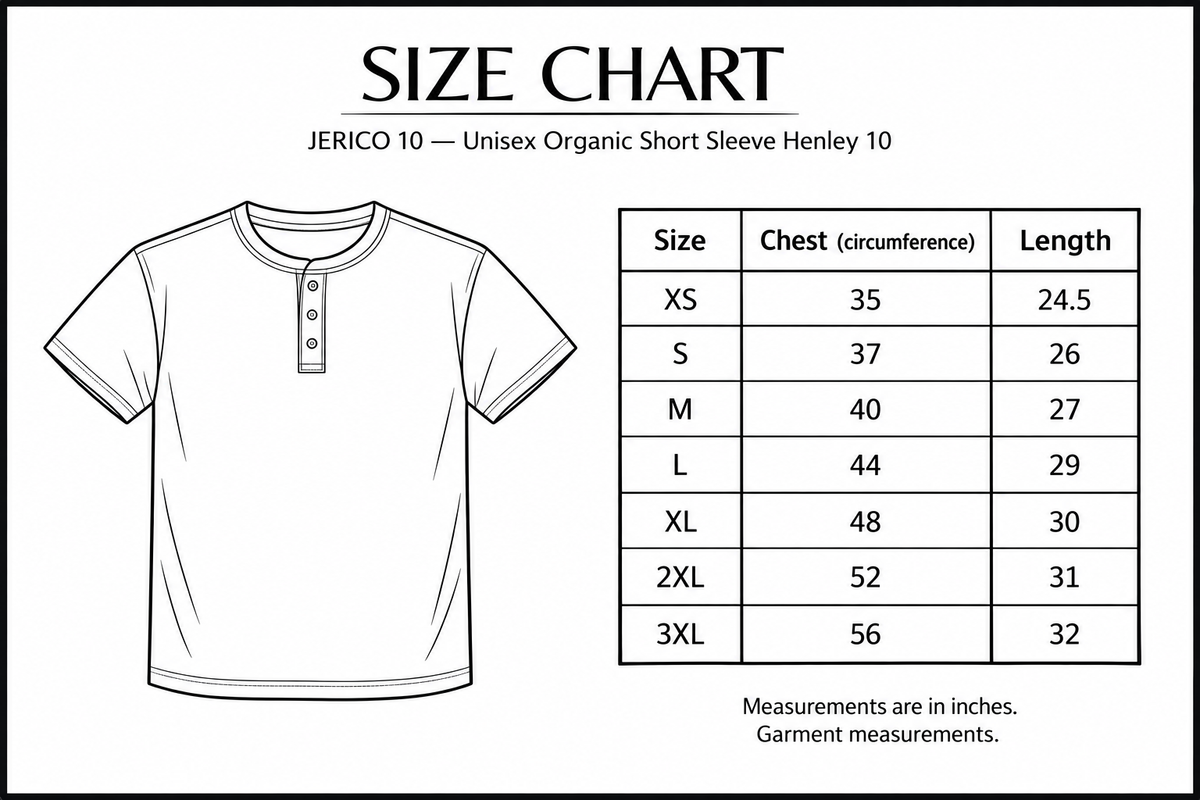 Jerico 10 Unisex Organic Short Sleeve Henley 10 Size Chart
