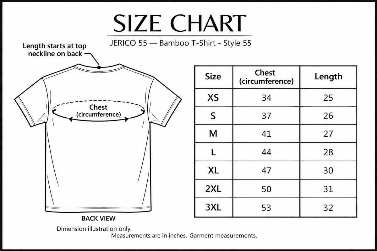 jerico-55 size chart with labelled measurement dimensions