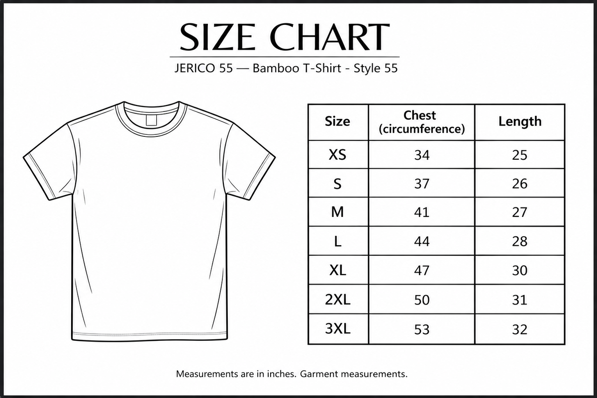Jerico 55 Bamboo T-Shirt - Style 55 Size Chart