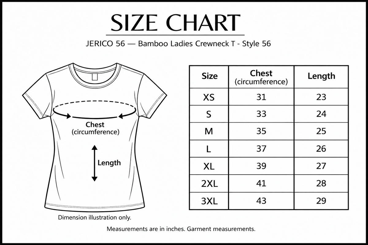 jerico-56 size chart with labelled measurement dimensions
