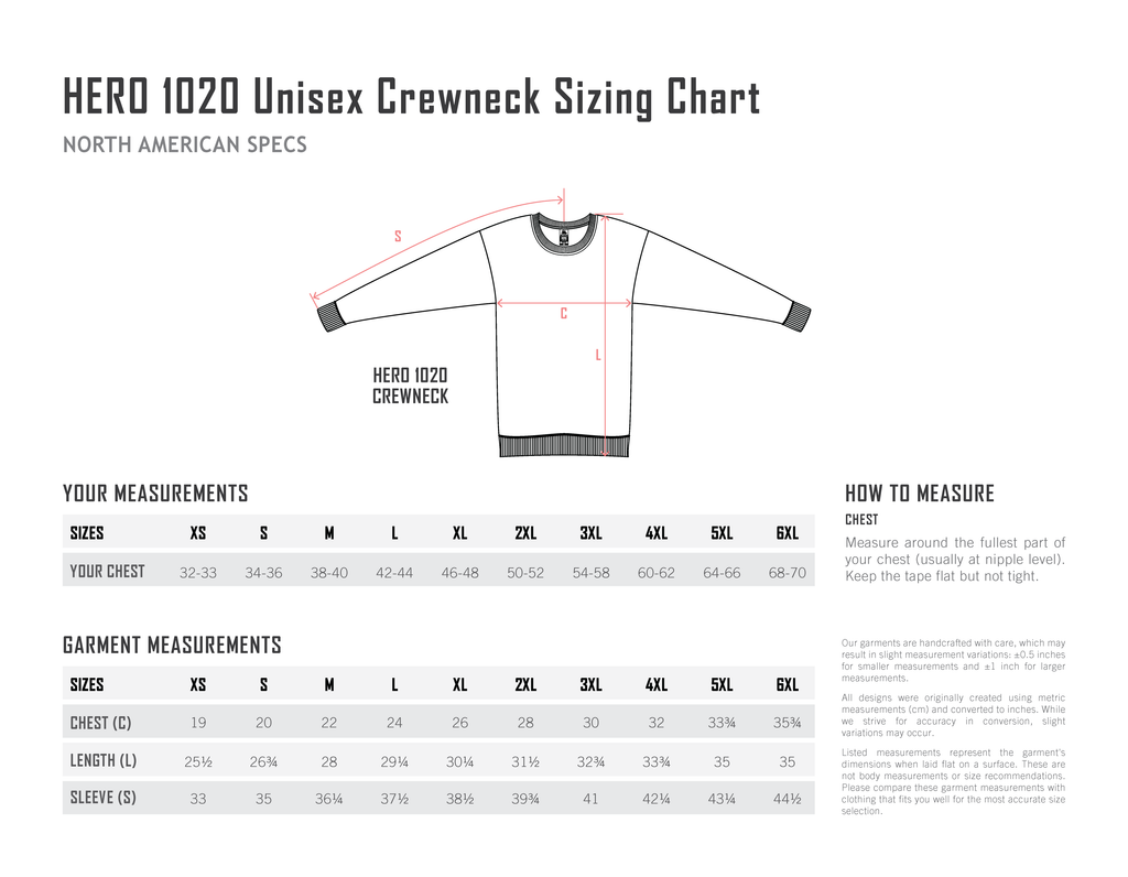 HERO-1020 Unisex Blank Crewneck Sweatshirt — Size Chart