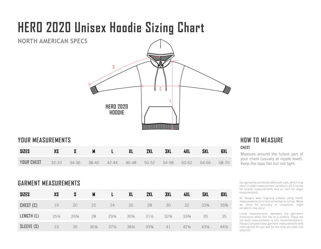 HERO-2020 Unisex Blank Hoodie — Size Chart