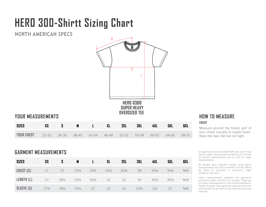 HERO-300 Unisex Super Heavy Oversized Tee — Size Chart