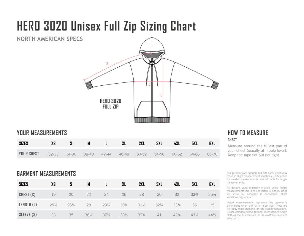 HERO-3020 Unisex Full Zip Hoodie — Size Chart