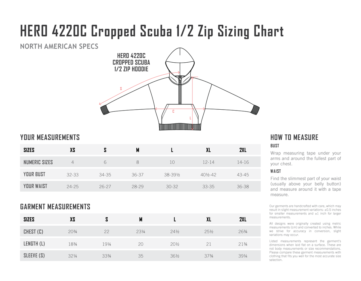 HERO-4220C Cropped Drop Shoulder 1/2 Zip Hoodie — Size Chart