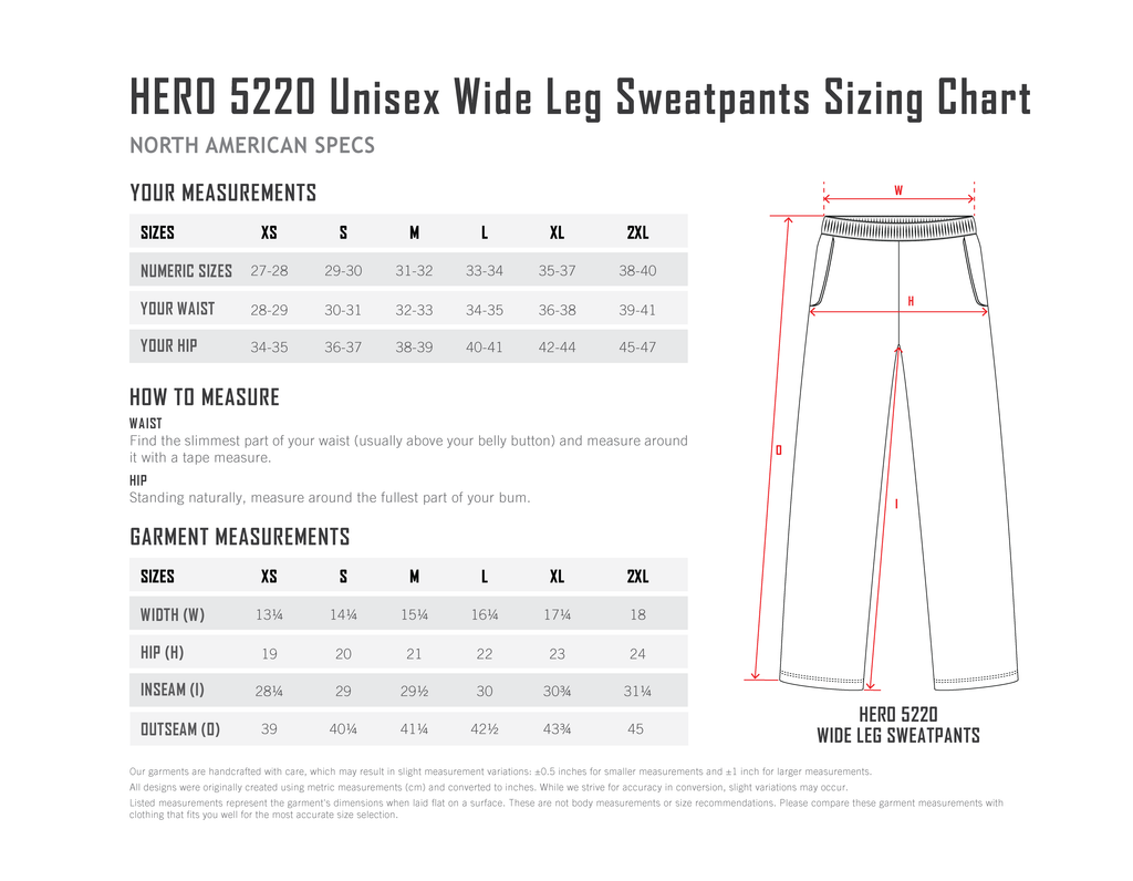 HERO-5220 Unisex Wide Leg Sweatpants — Size Chart