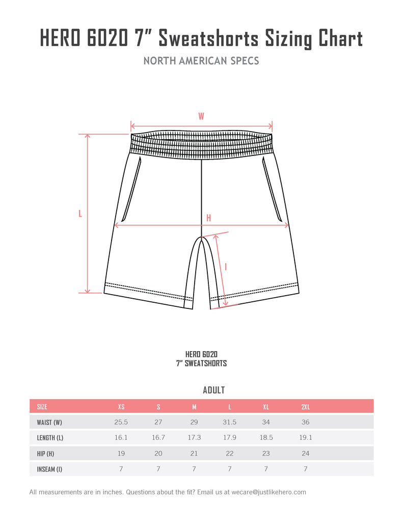 HERO-6020 7" Sweatshorts — Size Chart