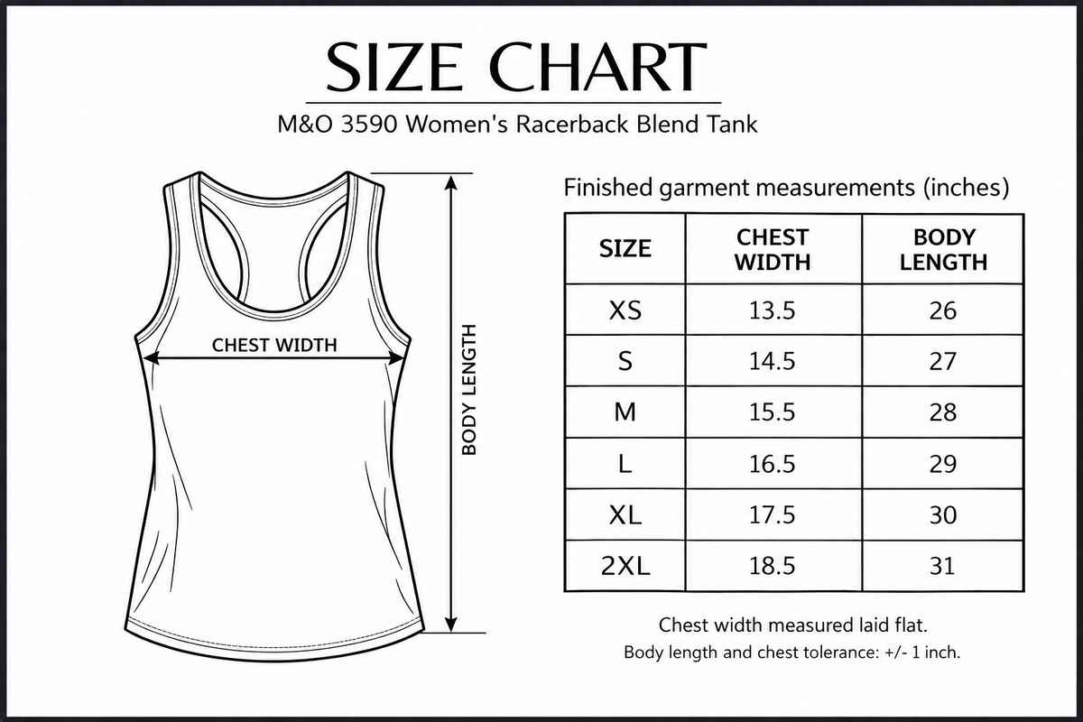 M&O 3590 size chart with chest width and body length measurement arrows
