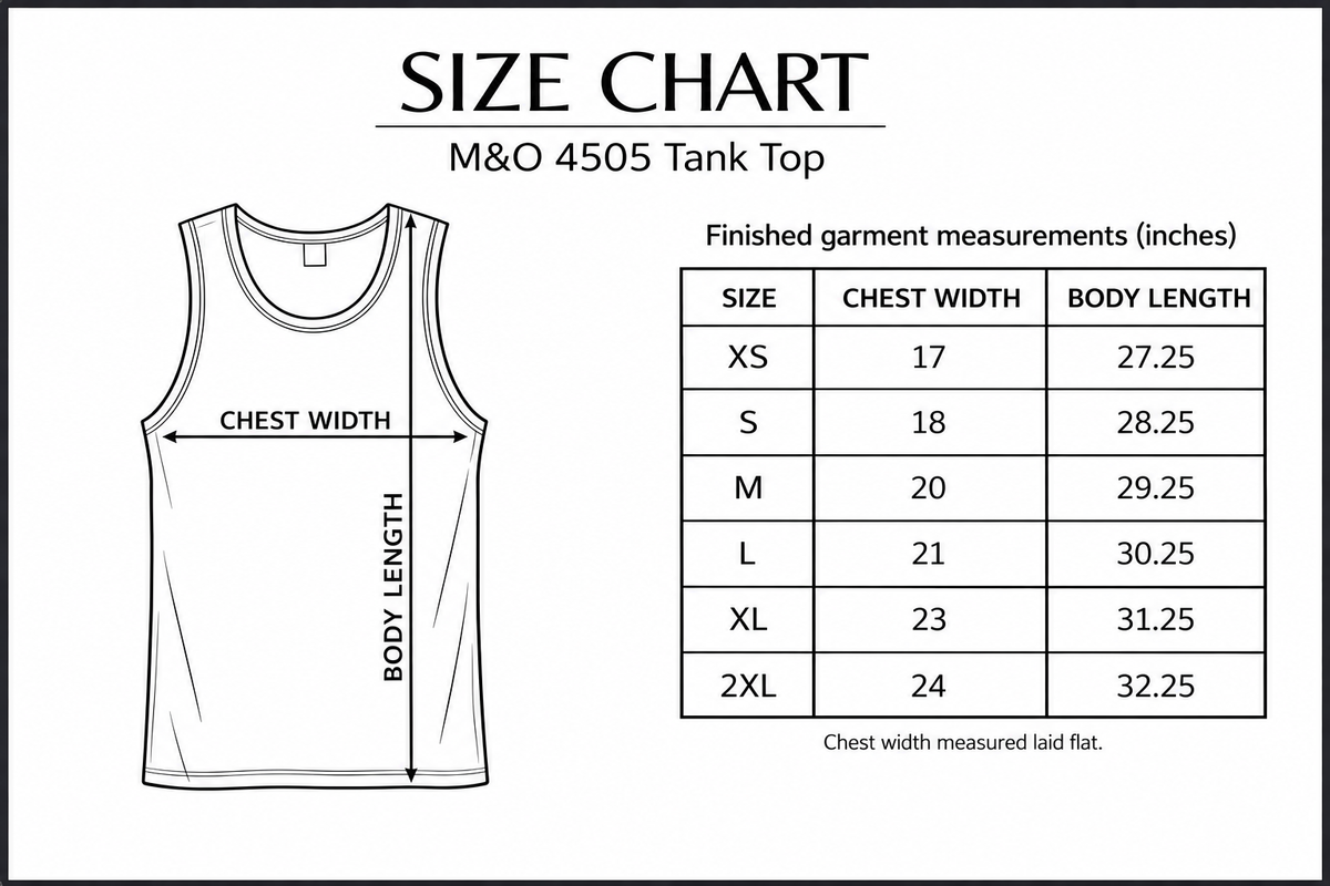 M&O 4505 Tank Top size chart; finished garment measurements in inches; chest width measured laid flat.