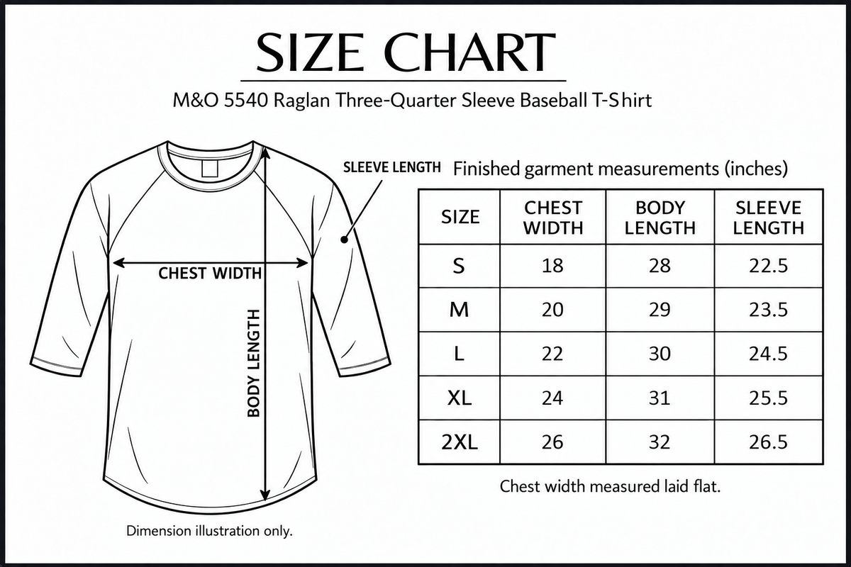 M&O 5540 size chart with body-length arrow from upper collar level to bottom hem; finished garment measurements in inches
