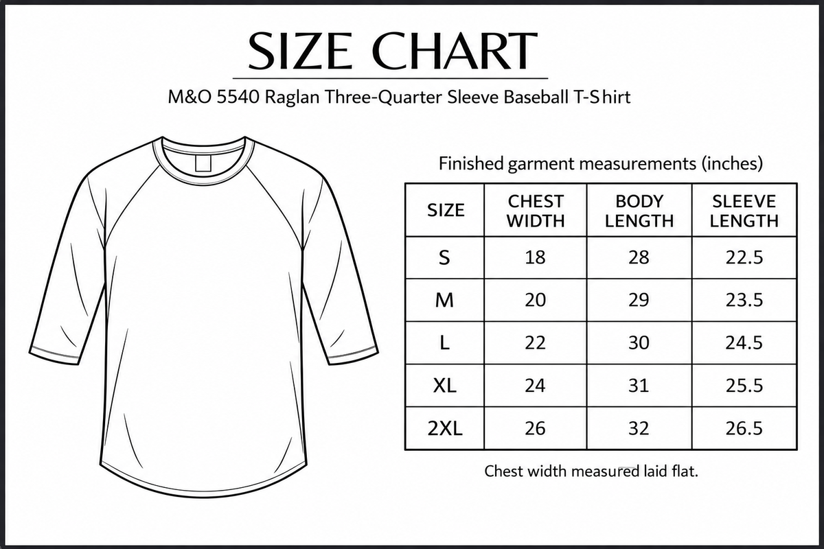 M&O 5540 Raglan Three-Quarter Sleeve Baseball T-Shirt size chart; finished garment measurements in inches.