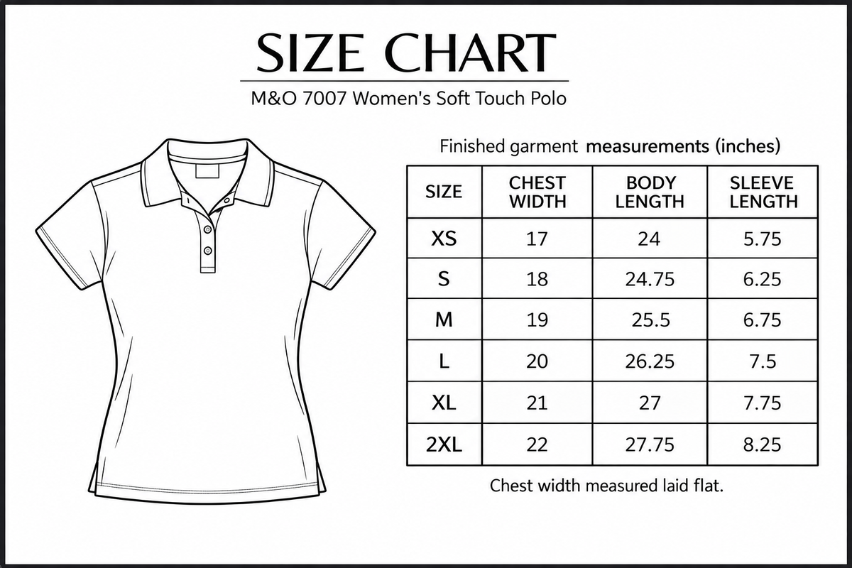 M&O 7007 Women's Soft Touch Polo size chart; finished garment measurements in inches.