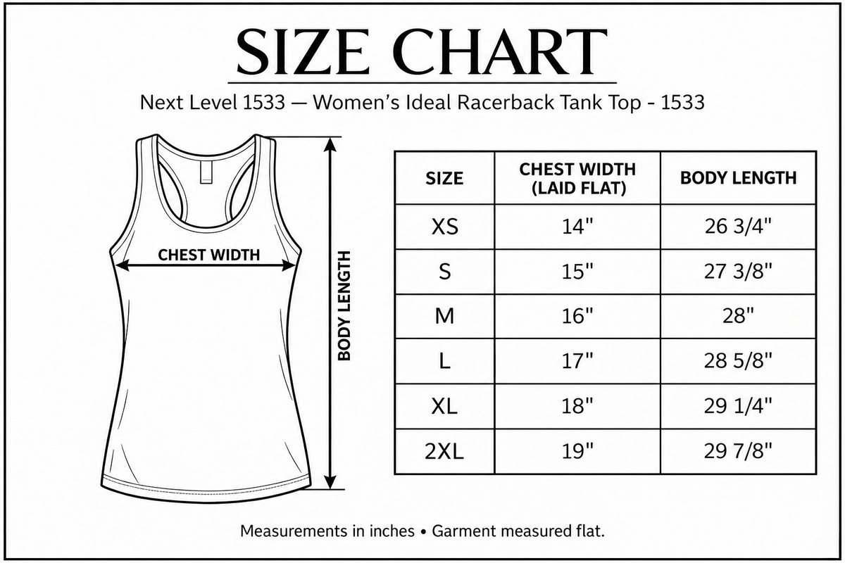 Next Level 1533 size chart with chest width and body length measurement arrows