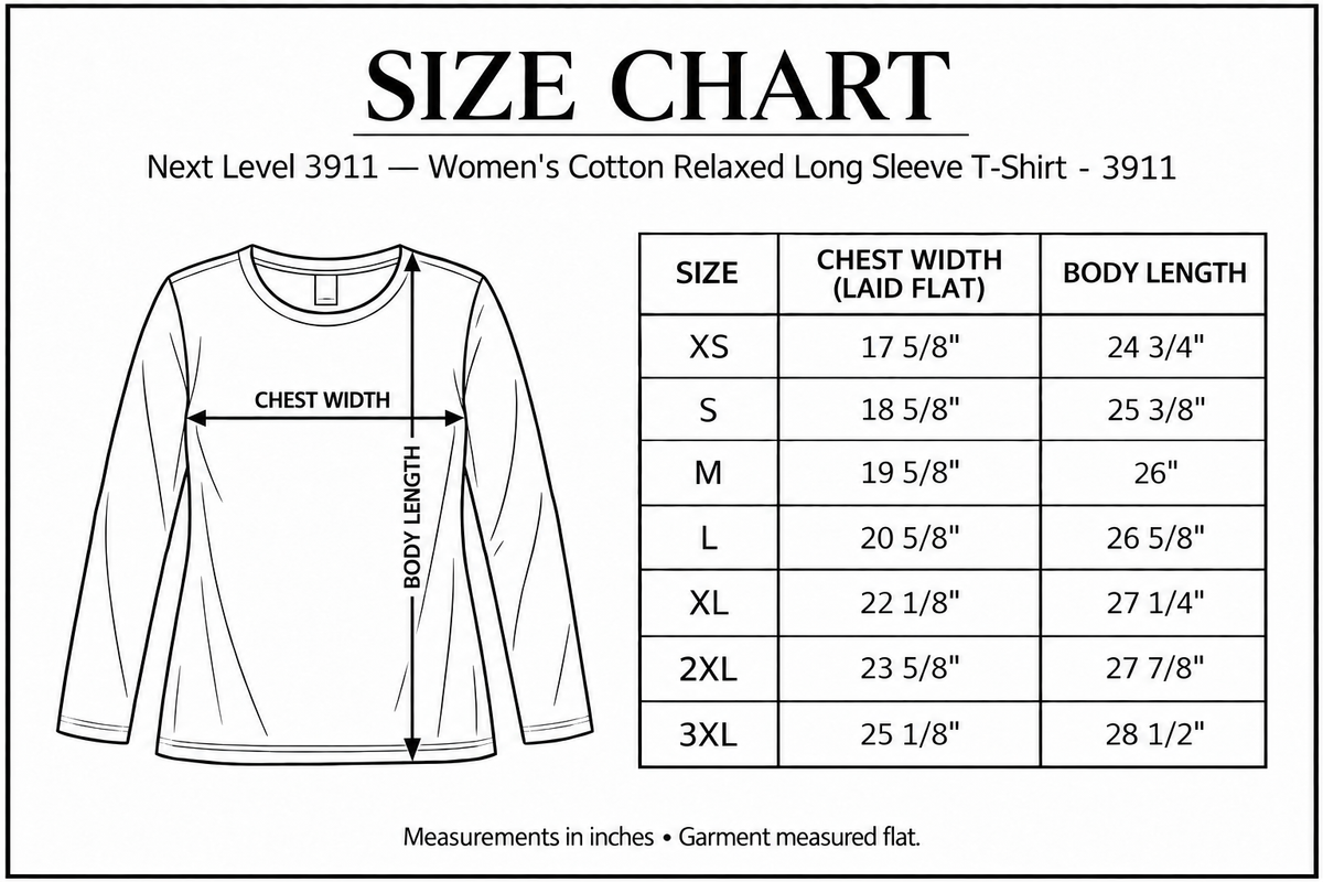 Next Level 3911 size chart with flat chest width and body length measurement arrows