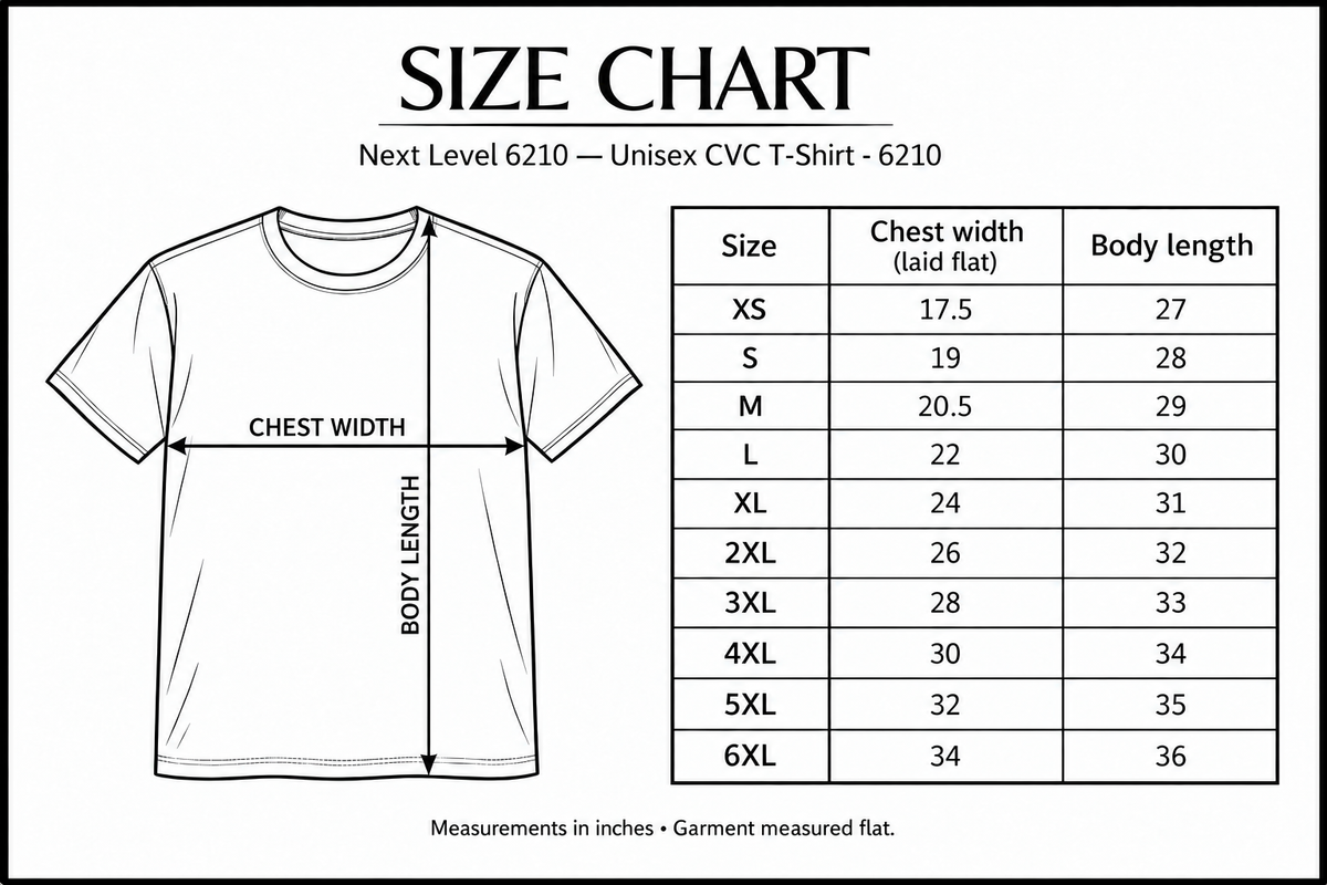 Next Level 6210 size chart with chest width and body length measurement arrows
