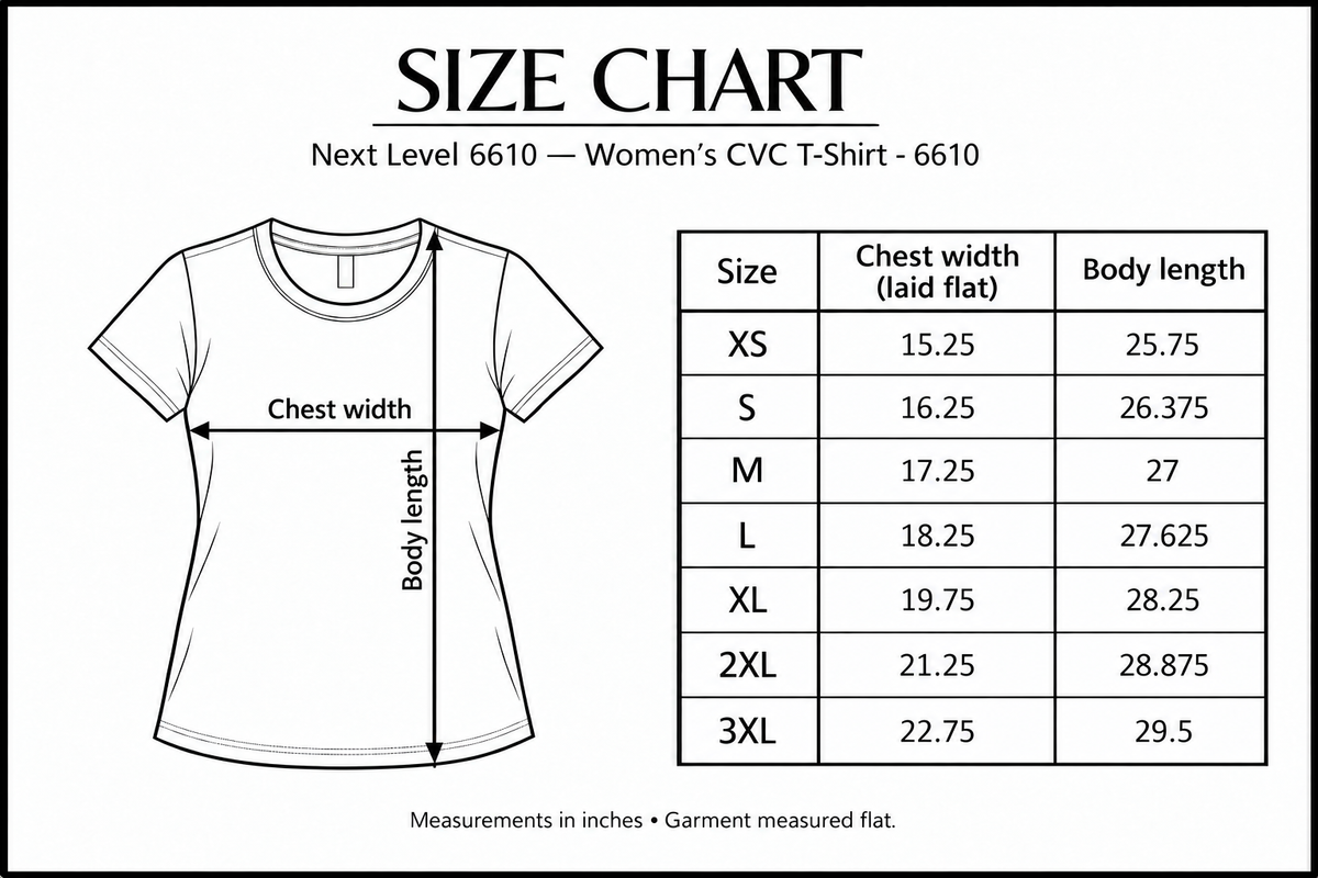 Next Level 6610 size chart with chest width and body length measurement arrows