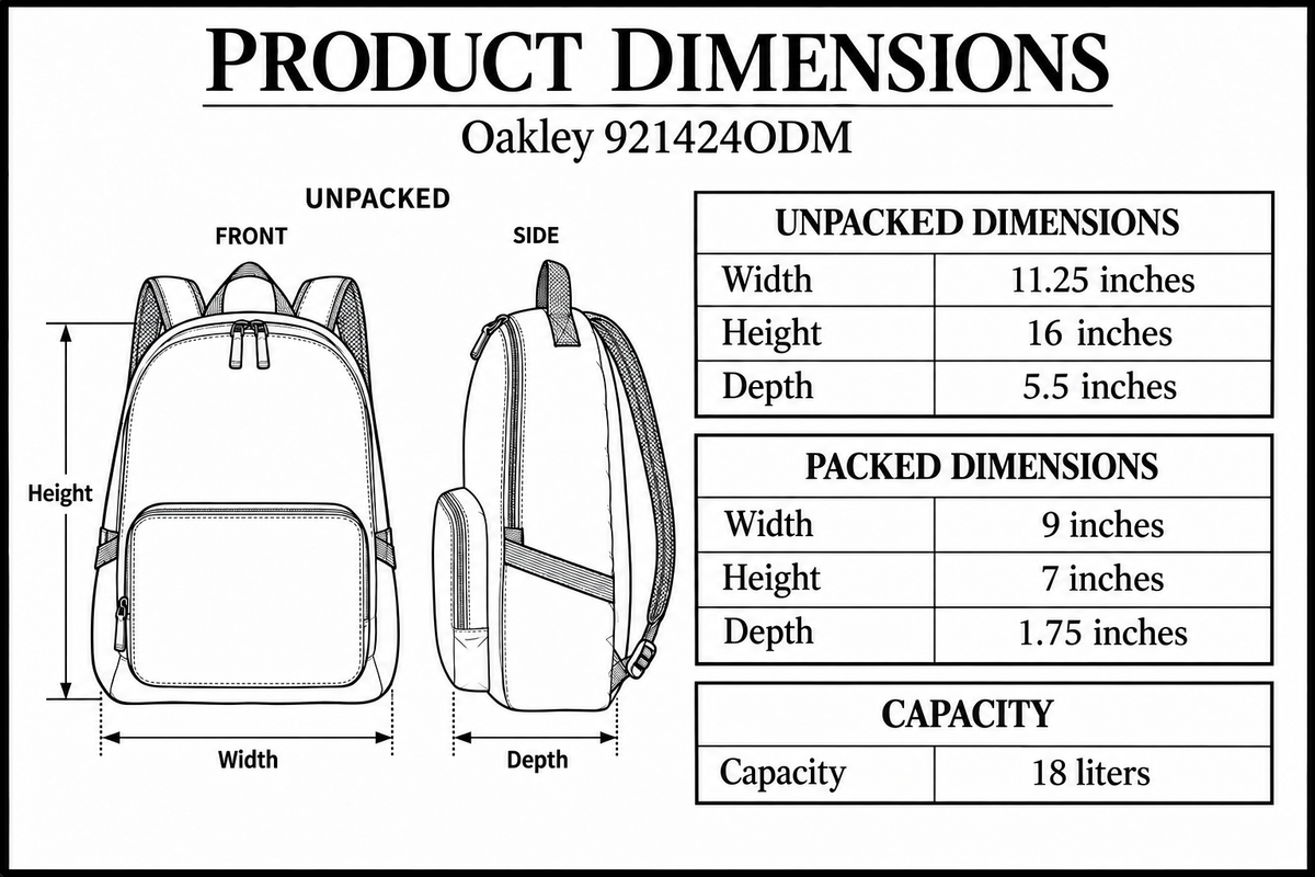Oakley 921424ODM dimensions with front and side diagrams and width height depth arrows