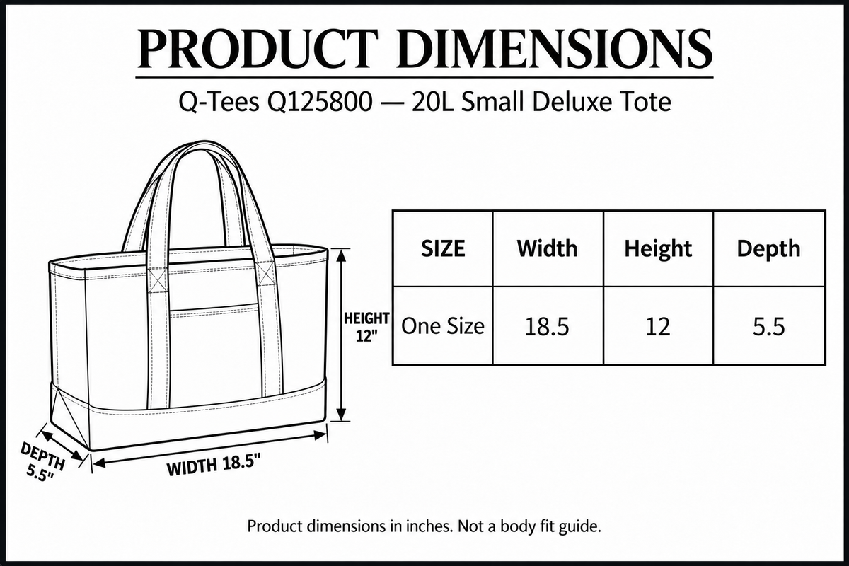 Q-Tees Q125800 Small Deluxe Tote dimensions: width 18.5 inches, body height 12 inches excluding handles, and gusset depth 5.5 inches, with measurement arrows.