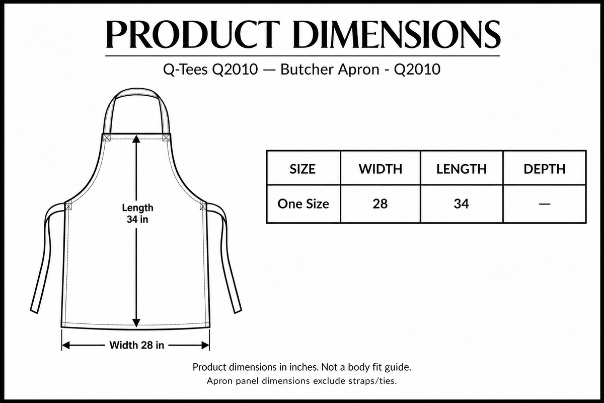 Q-Tees Q2010 pocketless butcher apron product dimensions: 28 inches wide, 34 inches long, with panel measurement arrows.