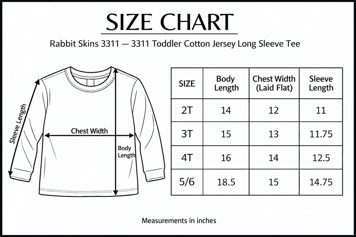 Rabbit Skins 3311 size chart showing chest width, body length and sleeve length measurement arrows
