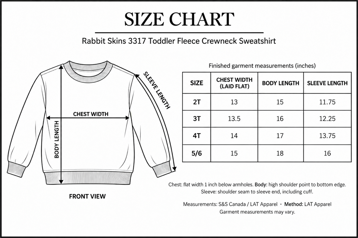 Rabbit Skins 3317 toddler fleece crewneck sweatshirt size chart in inches, 2T to 5/6, with full body, chest and shoulder-to-cuff sleeve arrows.