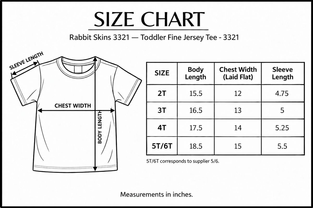 Rabbit Skins 3321 size chart showing flat chest width, body length and sleeve length measurement arrows