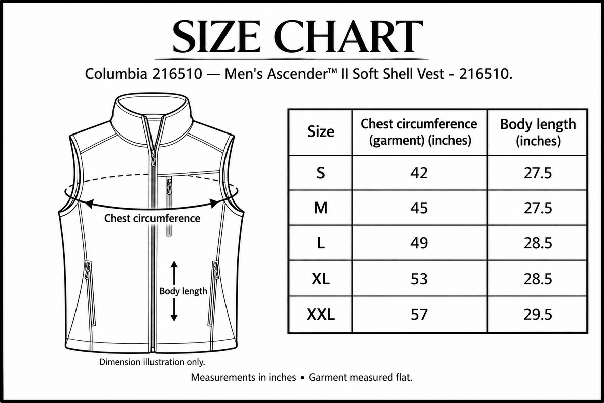 workwear-216510 size chart with labelled measurement dimensions