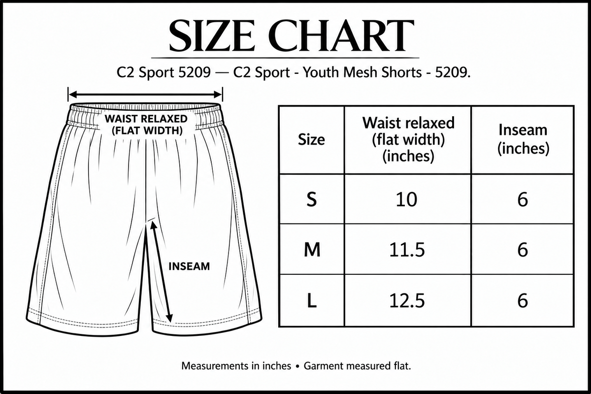 C2 Sport - Youth Mesh Shorts - 5209 Size Chart with measurement guides