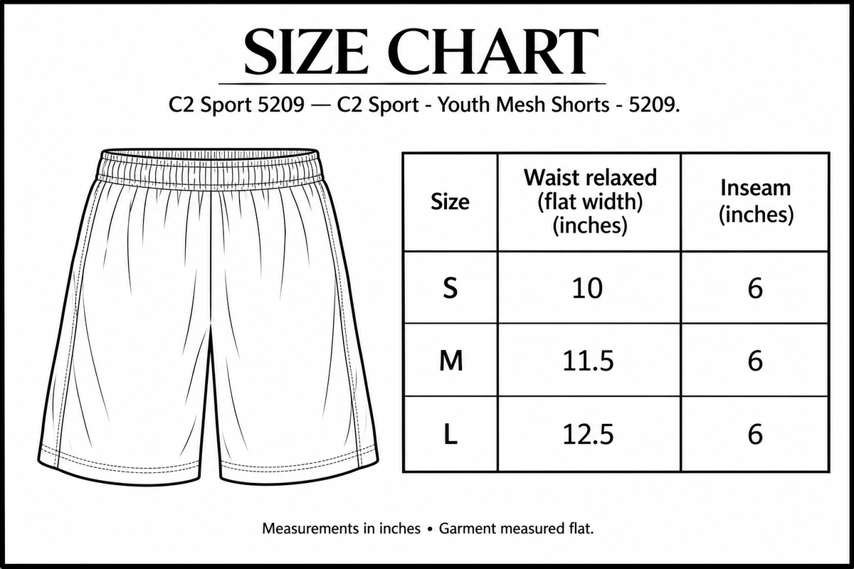 C2 Sport - Youth Mesh Shorts - 5209 Size Chart