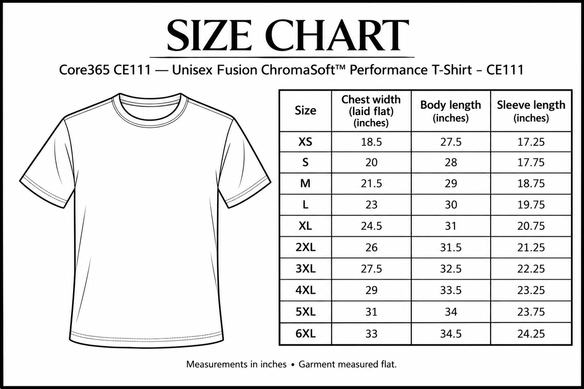 Unisex Fusion ChromaSoft™ Performance T-Shirt - CE111 Size Chart