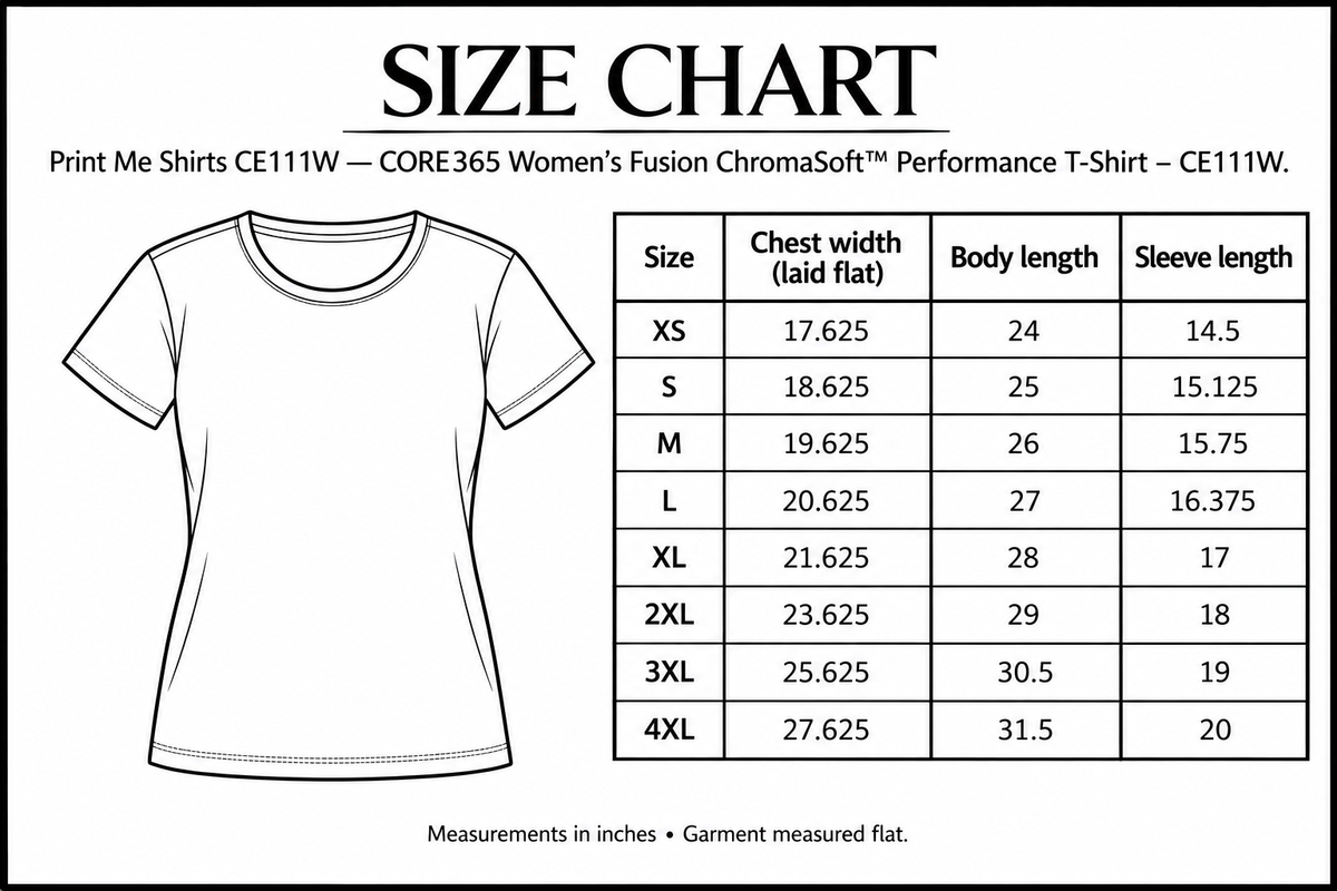 CORE365 Women’s Fusion ChromaSoft™ Performance T-Shirt – CE111W Size Chart