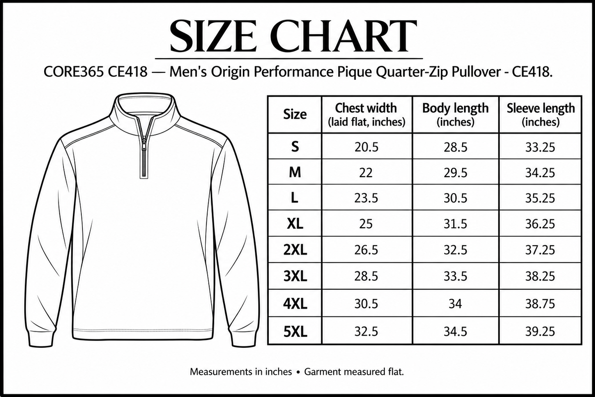 Men's Origin Performance Pique Quarter-Zip Pullover - CE418 Size Chart