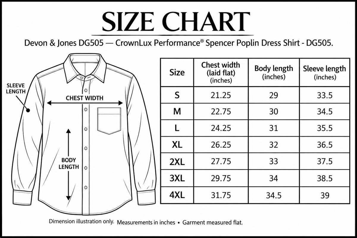 workwear-dg505 size chart with labelled measurement dimensions