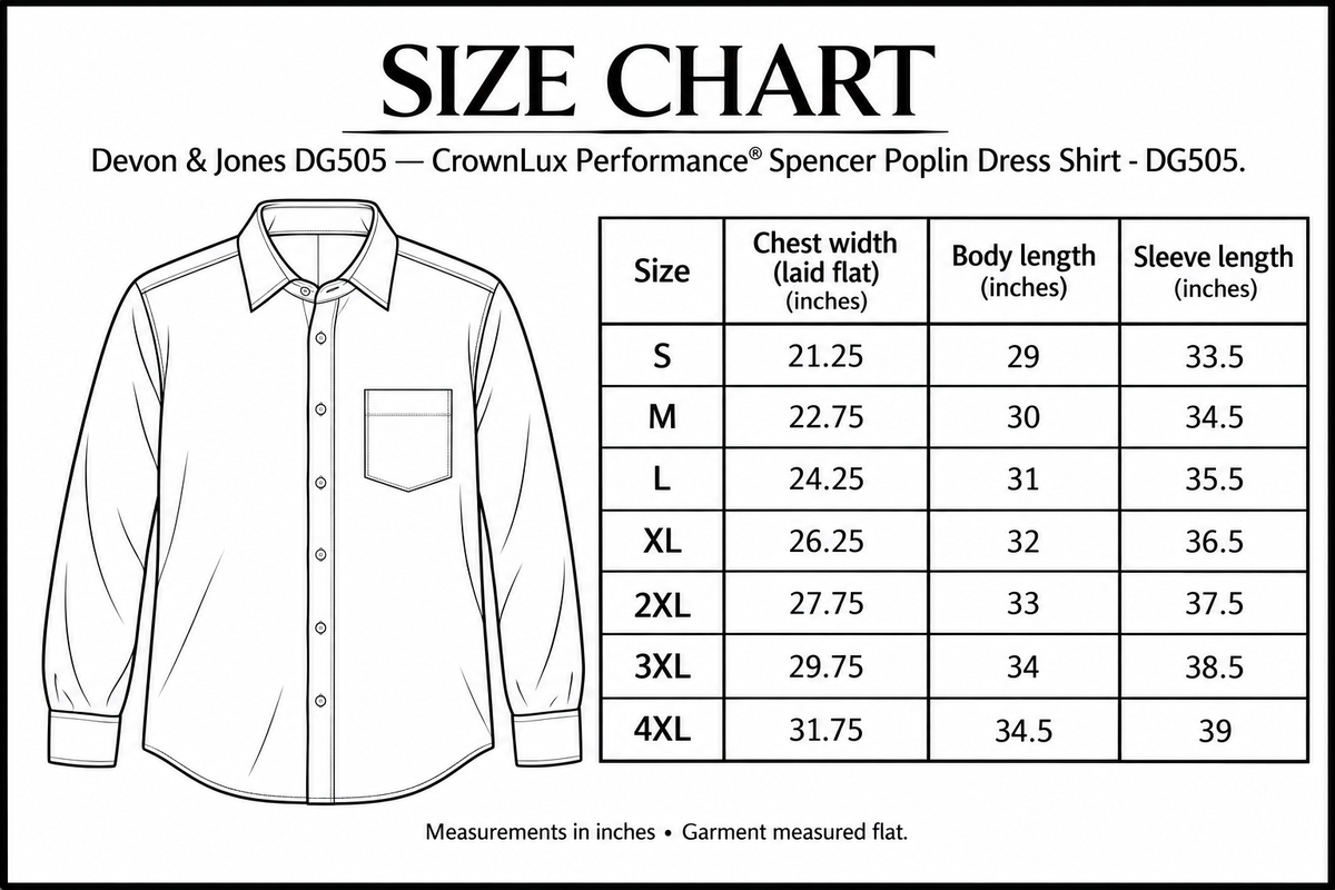 CrownLux Performance® Spencer Poplin Dress Shirt - DG505 Size Chart