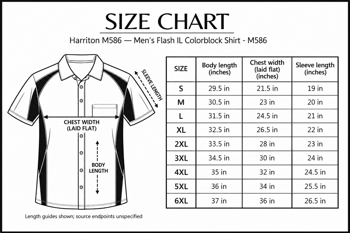 Men's Flash IL Colorblock Shirt - M586 Size Chart with measurement guides