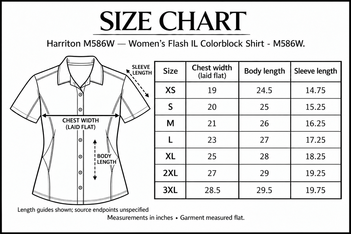 Women's Flash IL Colorblock Shirt - M586W Size Chart with measurement guides