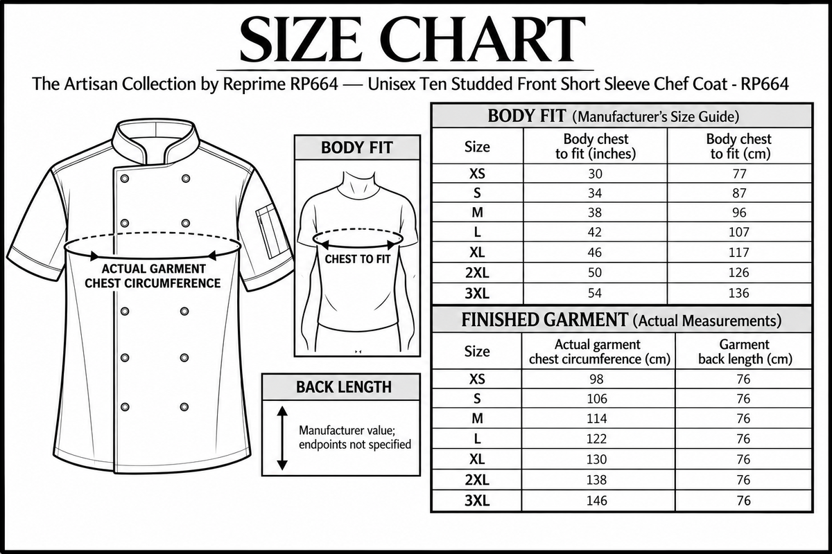 Unisex Ten Studded Front Short Sleeve Chef Coat - RP664 Size Chart with measurement guides
