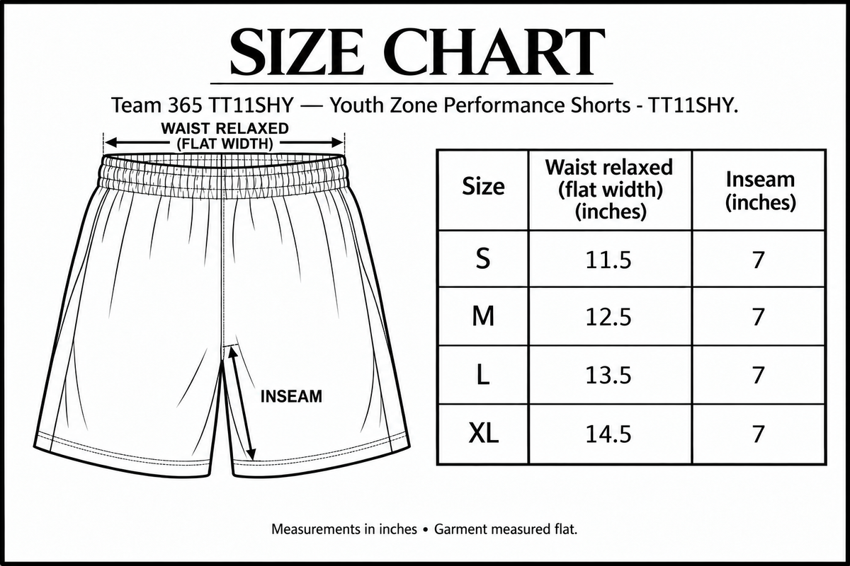 Youth Zone Performance Shorts - TT11SHY Size Chart with measurement guides