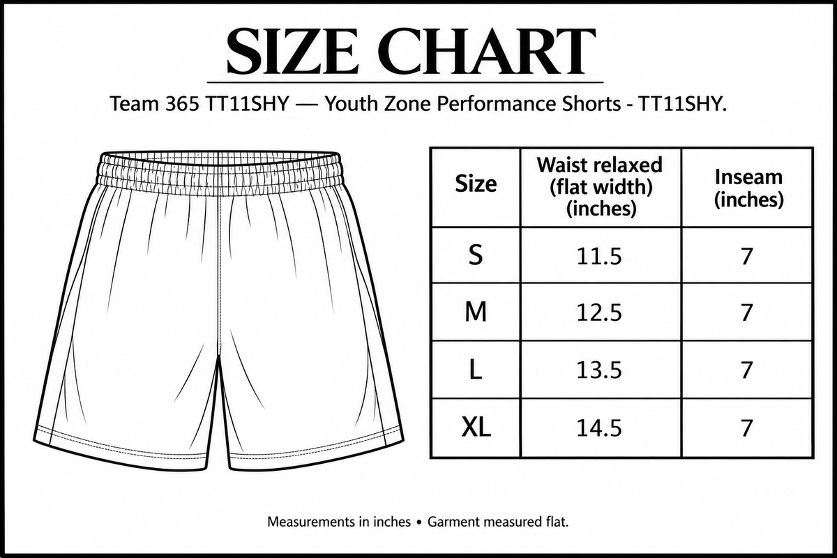 Youth Zone Performance Shorts - TT11SHY Size Chart