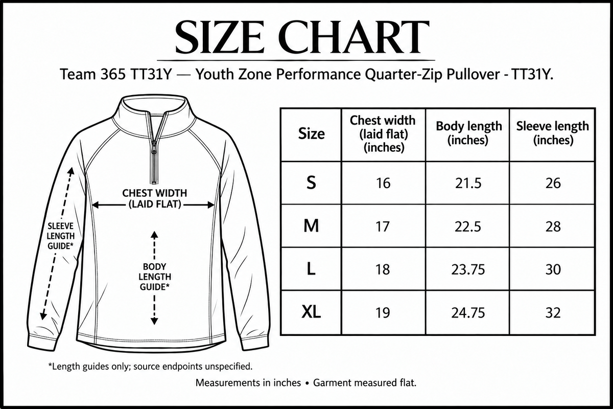 Youth Zone Performance Quarter-Zip Pullover - TT31Y Size Chart with measurement guides