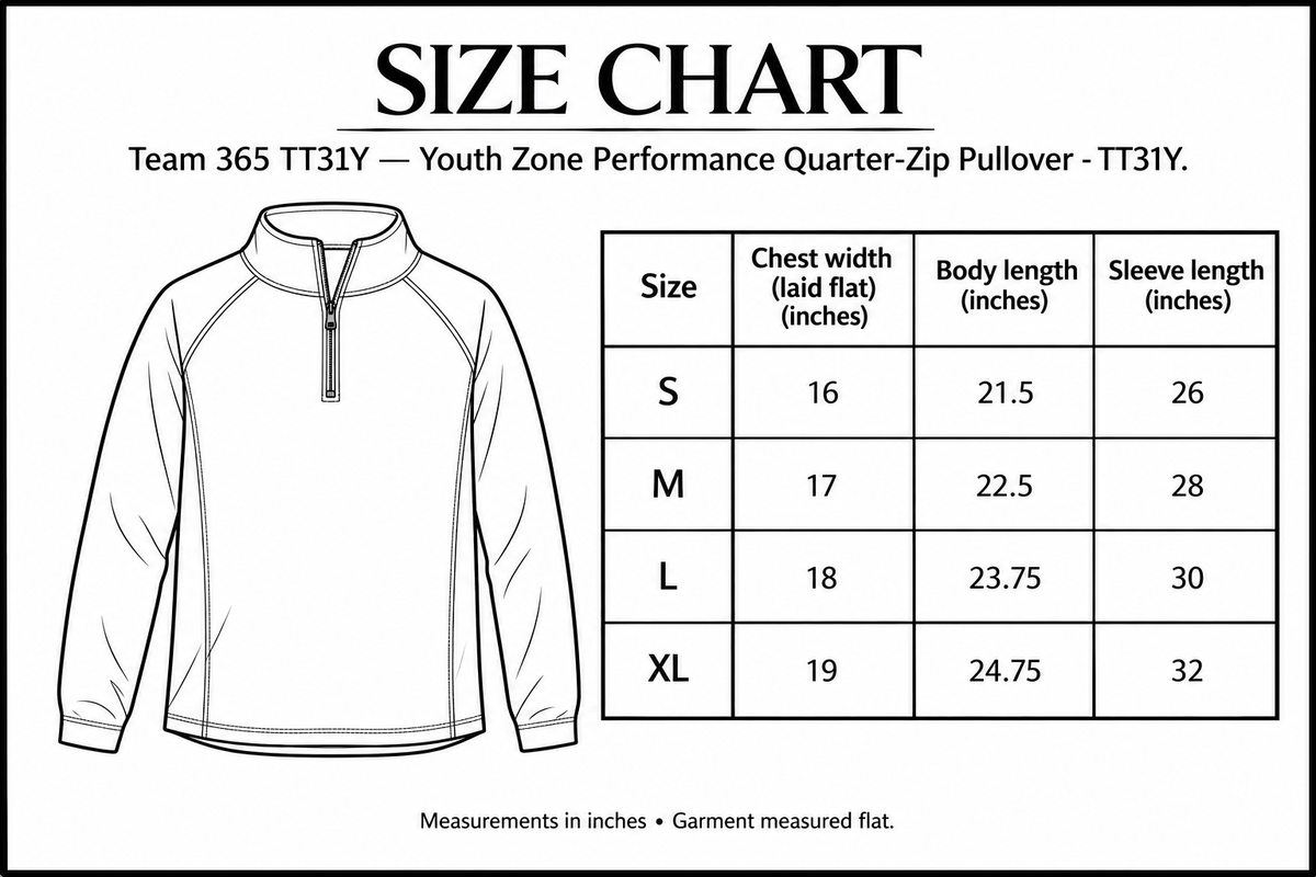 Youth Zone Performance Quarter-Zip Pullover - TT31Y Size Chart