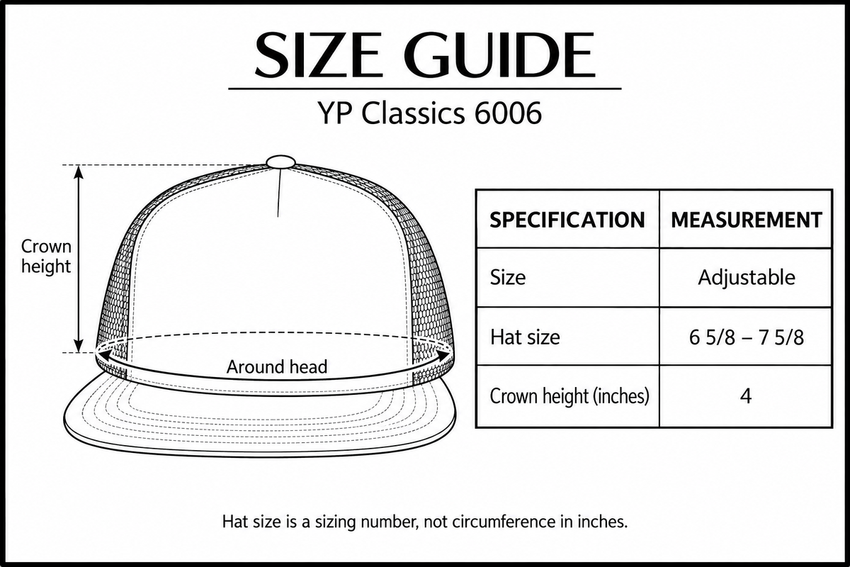YP Classics 6006 size guide with flat bill, five-panel crown, curved around-head arrow and crown-height measurement arrow